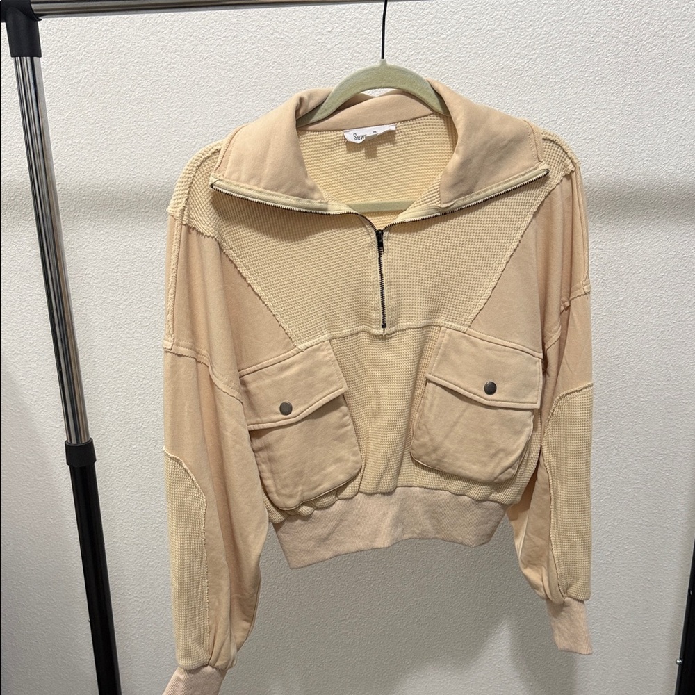 Sewn+Seen Beige Mixed Media Quarter-Zip Pullover with Pockets